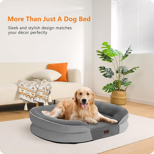 Dwanton Orthopedic Dog Bed for Large Dogs with Gel Memory Foam, Waterproof Dog Sofa, Washable Pet Bed with Four Sided Bolster Cushion, Removable Cover & Non-Slip Bottom, 42", Medium Gray