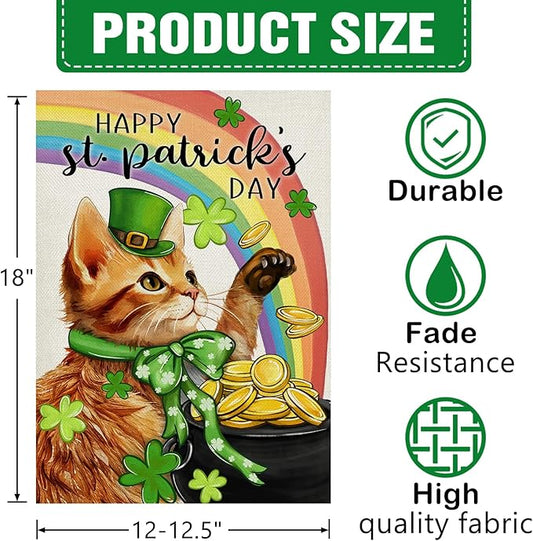 Dyrenson Happy St Patricks Day Orange Cat Decorative Garden Flag, Pet Rainbow Pot of Gold Yard Outside Home Decorations, Spring Irish Shamrock Clover Burlap Outdoor Small Decor Double Sided 12 x 18