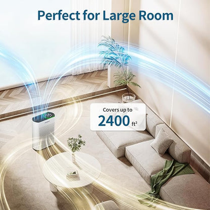 Smart Air Purifiers for Large Room, Cleans 2,400 ft² in 30 Mins, 3-Stage True HEPA, 360° Airflow, Smart WiFi App Control, Real-Time Air Quality (PM2.5) Display, Ultra-Quiet 20dB Sleep Mode, HAP602WF