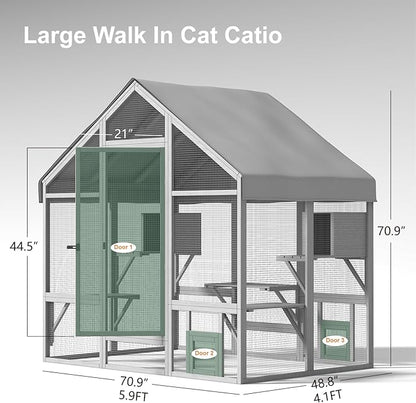 Cat Catio - Large Outdoor Catio Enclosure with 7 Tiered Platforms & 2 Premium Resting Boxes, Weatherproof Cat Cage with UV-Resistant Cover, Spacious Cats Enclosure for Multi-Cats(71"x49"x71")