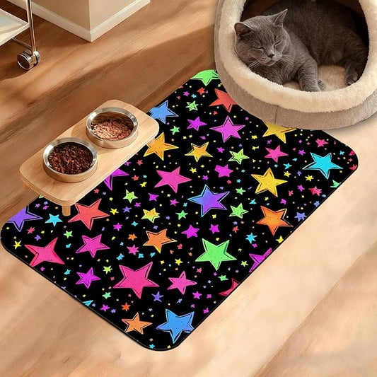 Neon Stars Dog Food Mat,Bright Colorful Absorbent Pet Feeding Mat for Food and Water Bowl,Quick Dry Dog Placemat Non Slip Rubber Backing Waterproof Pet Supplies 16" x 24"