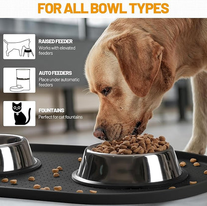 Hubulk 100% Waterproof Silicone Pet Feeding Mat with Raised Edge for Food and Water, Dog Bowl Mats, Cat Bowls Placemat with High Lip Protects Floor for Cats and Dogs (Black, 19" L x 12" W)