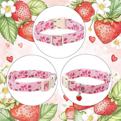 Strawberry Bow Dog Collar for Giant Large Dogs - Cute Pink Spring/Summer Girl Dog Collars, Lightweight Adjustable Female Girly Dogs Collars with Quick Release Buckle XL