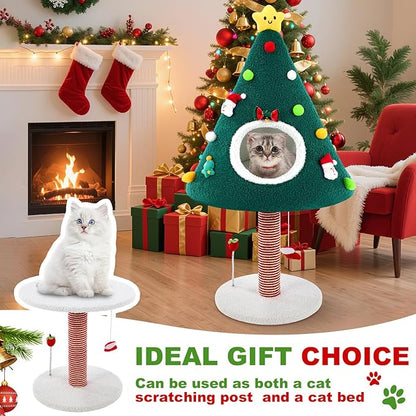 36.6 Inch Christmas Cat Tower with Cat Scratching Post and Green House Scratcher Tall Tree Tower Nature Sisal Christmas Tree Scratcher Activity Center Play Condo for Indoor