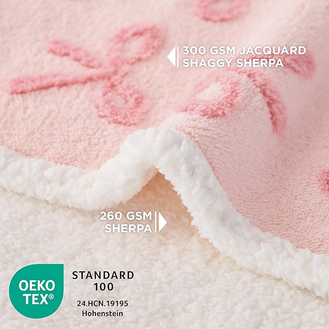 LE SURE Waterproof Puppy Blanket for Medium Dogs - Washable Double Sided Dog Blankets with Warm Jacquard Shag and Soft Sherpa Fleece, Pet Cat Blanket for Couch Protection, Bow Design，Pink Taffy
