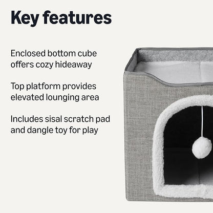 Amazon Basics Cat House 1 Story, Foldable Cat Condo with Sisal Scratch Pad, Grey
