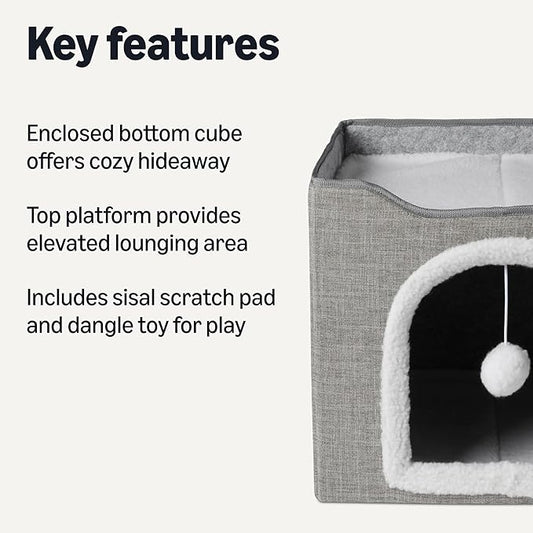 Amazon Basics Cat House 1 Story, Foldable Cat Condo with Sisal Scratch Pad, Grey