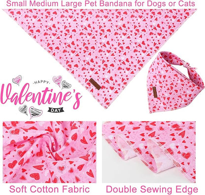 Valentine Dog Bandana - Pink Heart Triangle Bib Scarf for Small Medium Pets, Cotton Kerchief for Girl Boy Dogs or Cats, Red Puppy Bandana
