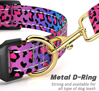 Reflective Dog Collar for Large Dogs, Cute Leopard Style Adjustable Heavy-Duty Nylon Puppy Collar for Boy and Girl Female, Soft Pet Accessories with Quick Release Buckle, Neon