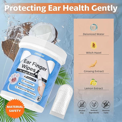 OBSEDE Dog & Cat Ear Wipes, 60 Count Finger Wipes for Gentle Cleaning & Itch Relief - Fresh Coconut Scent, Removes Wax & Odor – Daily Pet Grooming Supplies