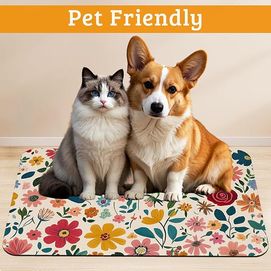 Colorful Flower Feeding Mat,Groovy Wildflowers Absorbent Quick-Dry Cat Dog Food and Water Bowl Mats,Non-Slip Rubber Backing Mat,Cat Dog Accessories Supplies 12" x 20"