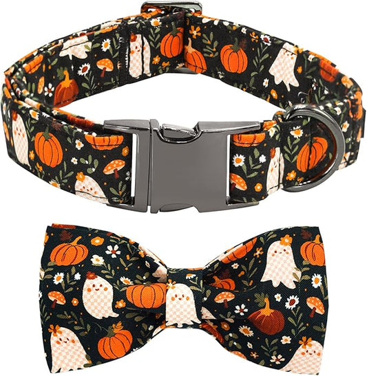 Halloween Dog Collar, Ghost Print Adjustable Pet Collar Fall Pumpkin Cute Cotton Soft Collars with Bow Tie Fall Metal Buckle Holiday Puppy Collars Boy&Girl Gift for Medium Dogs