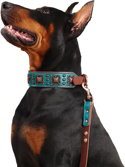 PET ARTIST Genuine Leather Dog Collar for Large Dogs, 2 inch Wide Luxury Dog Collar with Rivet Studded & Metal Buckle, Comfortable & Stylish Pet Collars for Great Dane Rottweiler,Green,Neck 22-25"