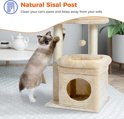 PEQULTI Cat Tree Cat Tower for Indoor Cats with Private Cozy Cat Condo, Natural Sisal Scratching Posts and Plush Pom-pom for Small Cats,Beige