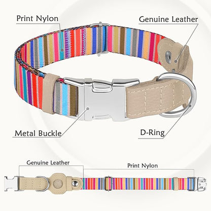 AirTag Dog Collar for Small Medium Large Breed - Adjustable Cute Pattern Dog Collar with Airtag Holder - Soft Leather Tracker GPS Apple Air Tag Pet Collars (Large, 17"-21" Neck Fit, Serape)