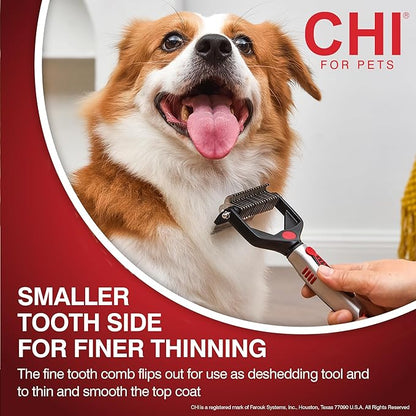 CHI for Dogs 2 in 1 Dematting and Deshedding Rake, Dual Head Dog Grooming Tool with Wide Tooth Dematting Rake and Fine Deshedding Rake, Detangler Comb for Thick Double and Long Dog Coat