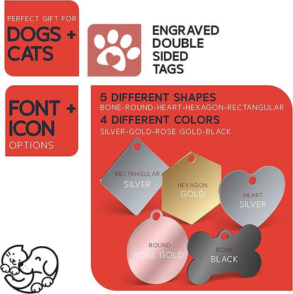 Engraved Pet ID Tags for Cats, Dogs - 4 Color & 5 Shape Options, Personalized w/ 20 Icons, Name, Address, Phone Number - Accessories for Four Legged Friends, Stainless Steel #Round - Silver