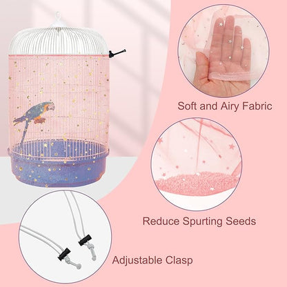 Bird Cage Seed Catcher, 45-90'' Adjustable Bird Cage Cover, Universal Nylon Bird Cage Mesh Net, Bird Cage Skirt Guard Accessories for Parrot Parakeet Macaw Round Square Cage (Pink)