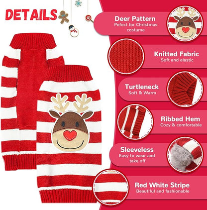 Dog Christmas Sweater Cute Striped Reindeer Xmas Pet Clothes Holiday Puppy Cat Costume New Year Gifts for Small Medium Large Dogs Jumpers (XXS, Red White Stripe Reindeer)