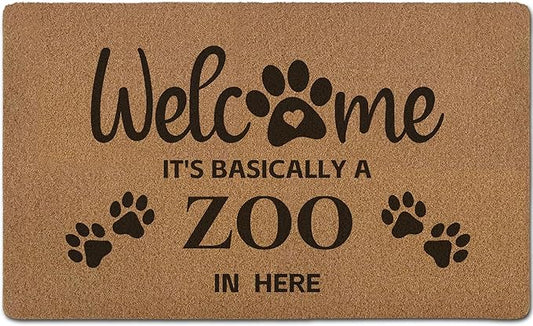 Funny Pet Welcome Door Mats, It's Basically a Zoo in Here Door Mat for Home Outside Entryway, Outdoor Pet Lover Owner Gift, Artificial Coir Doormat Rugs for Patio Kitchen Decor, 17x30 Inch