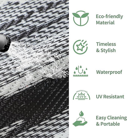 GENIMO Outdoor Rug for Patio Clearance, 6'x9' Waterproof Camping Mat, Reversible Plastic Straw Rugs for RV, Camper, Balcony, Backyard, Picnic, Deck (Black White)