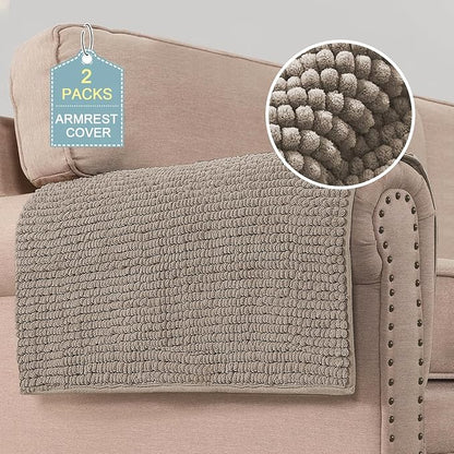H.VERSAILTEX Plush Chenille Couch Armrest Cover 2 Packs Thick and Soft Sofa Covers Furniture Protector Cover for Pets (27.5" x 27.5", Taupe)