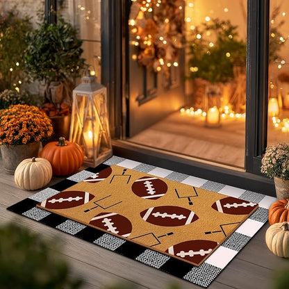 Tinideya 2 Pcs Football Theme Door Mat American Ball Design Welcome Non Slip Coir Mats Sports Floor Layering Doormats Seasonal for Front Porch Entryway Decor(Football Theme)