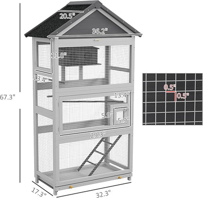 PawHut Wooden Bird Aviary, 67" Outdoor Bird Cage with Slide-Out Tray, Three Doors, Birdhouse, Ladder, Perches for Finches, Parakeets, Gray