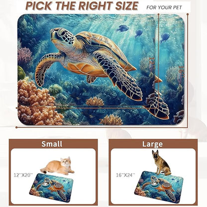 Turtle Dog Cat Food Mat,Coral Fish Absorbent Pet Feeding Mat for Food and Water,Non-Slip Dog Bowl Mats Floor Protector 16"x24"