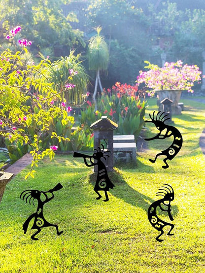 4 Piece Kokopelli Metal Garden Stakes - Native American-Inspired Southwestern Yard Art, Rustic Outdoor Decor for Lawn, Patio, Garden Pathway; Fade-Resistant Ornaments for Thanksgiving Day
