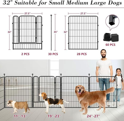 Dog Playpen 32 inch 30 Panels Indoor Outdoor Dog Pen for Medium/Small Dogs Heavy Duty Metal Dog Fence Outdoor for Yard, Puppy Playpen with Door Portable Pet Fence for RV Camping Yard