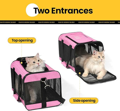 Cat Carrier Airline Approved, Soft-Sided Dog Carrier with Inner Safety Leash, Pet Transport Carrier for Small-Medium Cats Puppies up to 15 Lbs, Collapsible Travel Kitten Carrier Bag -Pink M