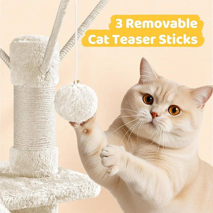 Yaheetech Cat Tree, 67in Large Tower w/ 3 Removable Teaser Sticks, 2 Kitten-Ear Shaped Perches, 2 Condos, Hammock, Scratching Post, Multi Level Pet House, Beige