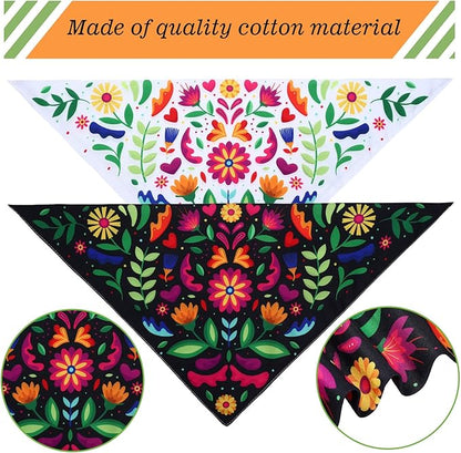 Whaline Mexican Dog Bandana Floral Dog Bandana Cinco De Mayo Fiesta Pet Scarf Double-Sided Adjustable White Black Flower Pet Neckerchief for Small Medium Large Cat Dog Carnival Accessories, 2 Pack