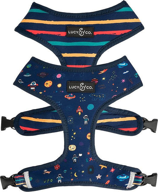 Lucy & Co. Cute Reversible Dog Harness Walking Halter - Best Designer Pet Harnesses Extra Small Medium Large XL Dogs Plus Pug Breeds - Padded Adjustable Puppy Vest Easy Walking (Space Doodle, Small)