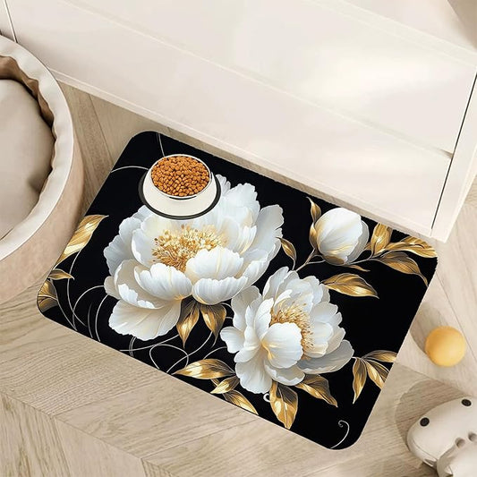 White Flowers Pet Feeding Mat,Glitter BloomingAbsorbent Quick-Dry Cat Dog Food and Water Bowl Mats,Non-Slip Rubber Backing Mat,Cat Dog Accessories Supplies 12"x20"