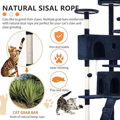 70 Inch Navy Blue Cat Tree, Tall Cat Tower with 2 Condos, 3 Scratching Posts, Multi-Level Platforms - Sturdy Climbing Structure Tall Cat Tower for Indoor Cats