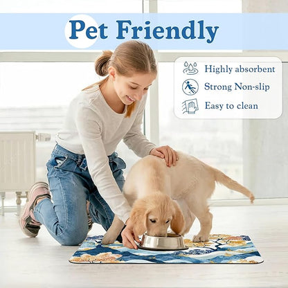Japanese Wave Tree Dog Food Mat–Christmas Stocking Absorbent Quick Dry Feeding Placemat for Food and Water Bowls, Non Slip Rubber Backing, Waterproof Pet Supplies for Mess-Free Eating 16"x24"