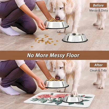 Pink Rose Pet Feeding Mat,Vintage Absorbent Quick-Dry Cat Dog Food and Water Bowl Mats,Non-Slip Rubber Backing Mat,Cat Dog Accessories Supplies 12"x20"