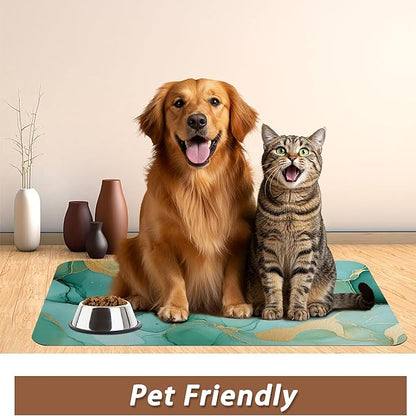Marble Dog Food Mat for Floors,Green Gold Flowing Marble Absorbent Quick-Dry Pet Feeding Mat,Cat Dog Bowl Mats for Food and Water,Non-Slip Pet Accessories Supplies 16"x24"