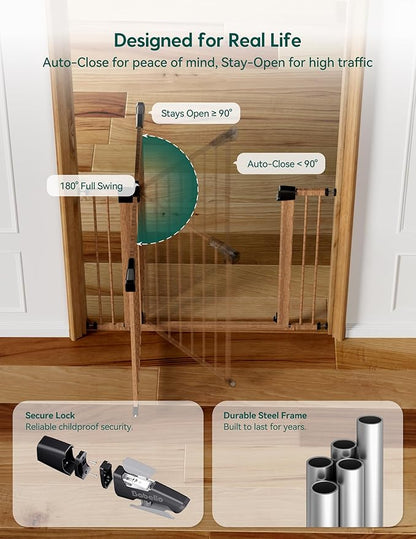 Babelio 29-48" Metal Baby Gate with Brown Wood Pattern, Auto Close Dog Gate PressGuard P7 for The House, Stairs and Doorways, Pressure Mounted Pet Gate with Door, Safety Gate for Child and Pets