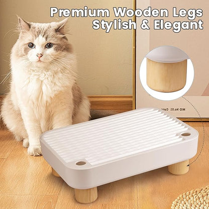 Litter Box Step, Litter Box Ramp/Catcher with Wooden Base, Anti-Tracking & Easy to Clean, Ideal for Small & Elderly Cats (White)