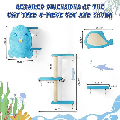 COZIWOW 4-Piece Wall-Mounted Cat Tree Set – Sturdy Wood Pet House, Scratching Board, Platforms, Sisal Posts & Blue Fish Charm – Ocean Blue