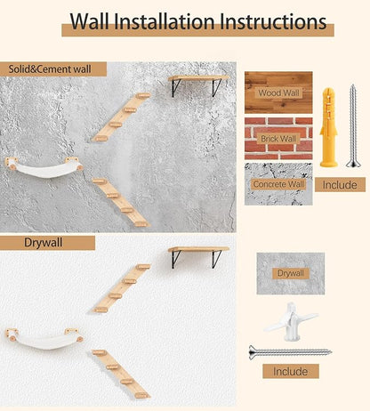 Cat Stairs Hammock Set of 3 – Cat Wall Shelves with 1 Floating Fabric Hammock, 2 Wall Ladders with 4 Steps Each