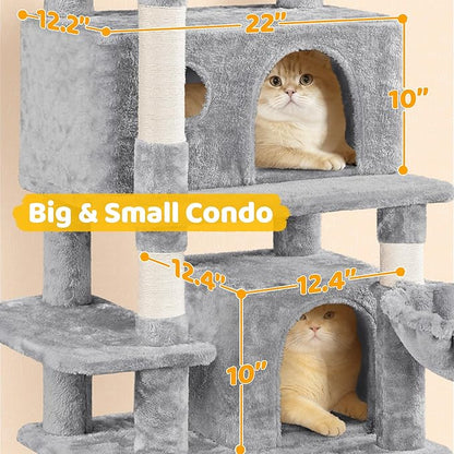 Yaheetech Cat Tree, 67in Large Tower w/ 3 Removable Teaser Sticks, 2 Kitten-Ear Shaped Perches, 2 Condos, Hammock, Scratching Post, Multi Level Pet House, Light Gray