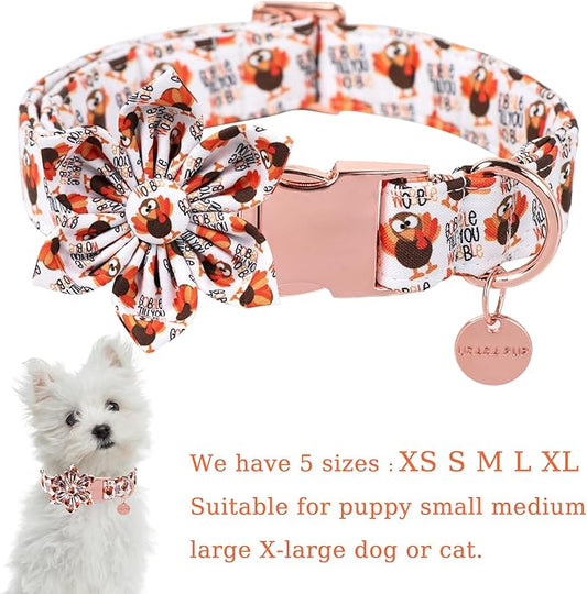 Thanksgiving Dog Collar with Flower, Turkey Cotton Flower Collar for Puppy Girl Dog or Cat, Autumn Flower Collar with Durable Metal Buckle, Thanksgiving Pet Collar, S, Neck 10-16in