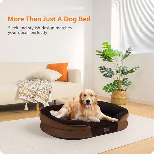 Dwanton Orthopedic Dog Bed for Large Dogs with Gel Memory Foam, Waterproof Dog Sofa, Washable Pet Bed with Four Sided Bolster Cushion, Removable Cover & Non-Slip Bottom, 42", Brown