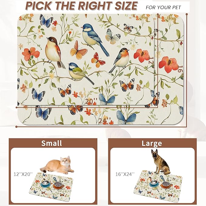 Butterfly Bird Dog Food Mat for Floors,Vintage Nature Absorbent Pet Food and Water Bowl Mats,Non-Slip Pet Feeding Mat,Pet Supplies 12" x 20"