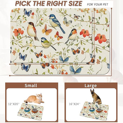 Butterfly Bird Dog Food Mat for Floors,Vintage Nature Absorbent Pet Food and Water Bowl Mats,Non-Slip Pet Feeding Mat,Pet Supplies 16" x 24"