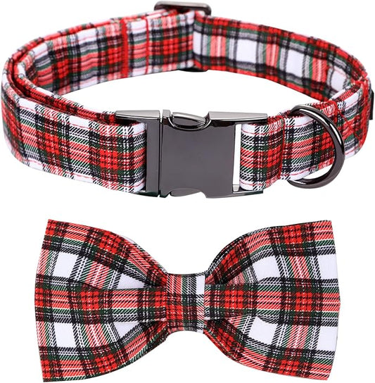 Christmas Dog Collar, Red Plaid Cotton Collars with Bow Adjustable Pet Collar Premium Metal Buckle, Christmas Puppy Necklace for X-Large Girl and Boy Dogs